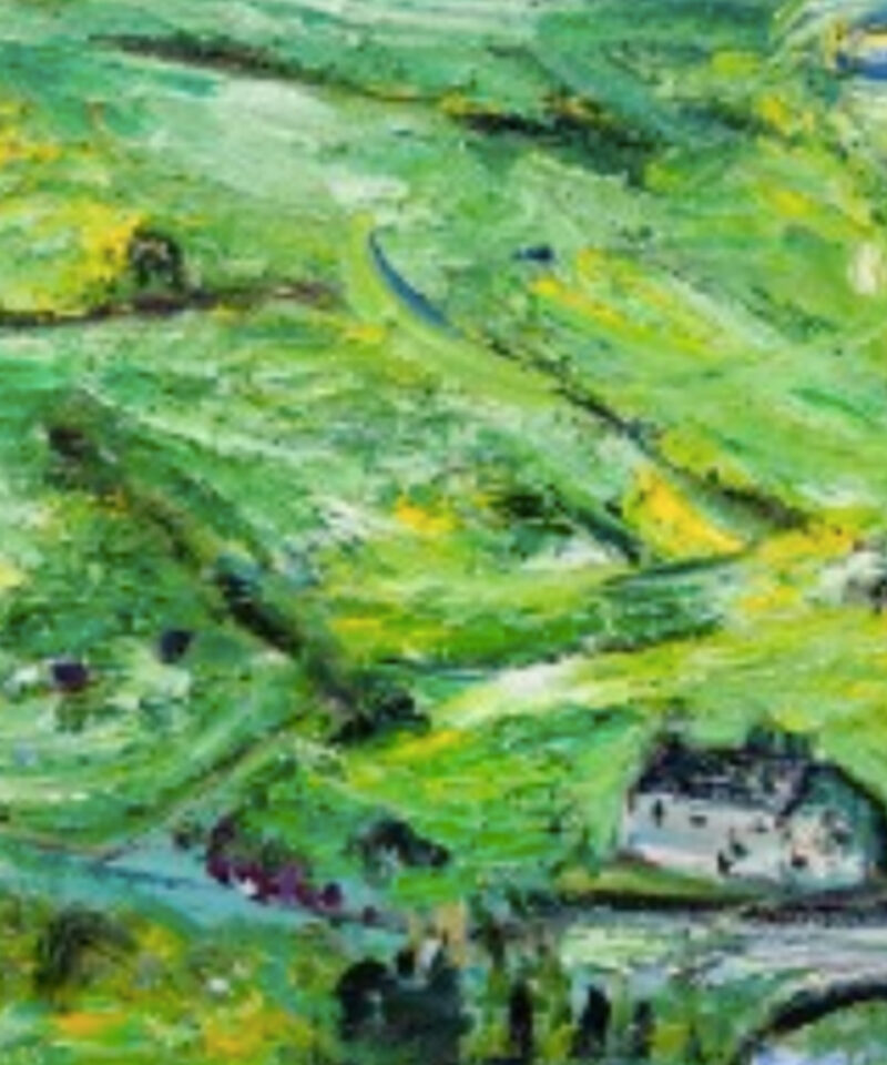 Painting of green field and houses by Kitty North